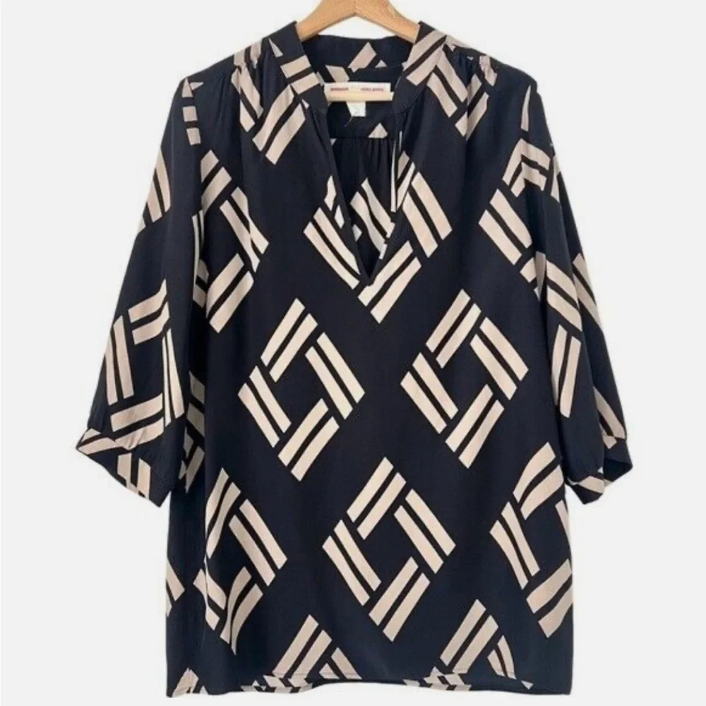 Amanda Uprichard Womens 80’s Geometric Black + Cream 100% Silk Tunic Top Blouse - Picture 1 of 6